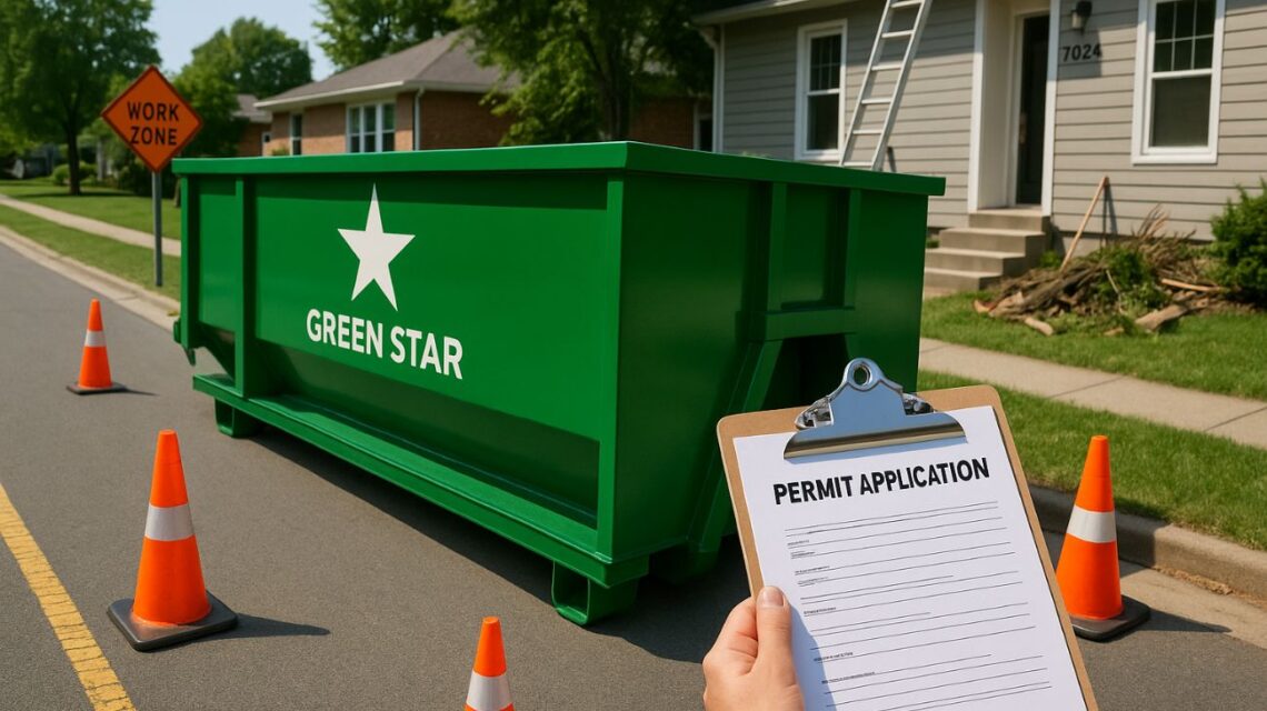 Professional green roll-off dumpster positioned on clean residential street, construction project visible, orange traffic cones, permit clipboard in foreground, suburban neighborhood, bright daylight, professional photography style, high resolution